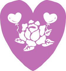 illustration of heart-shape frame with rose and balloons
