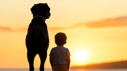 Rottweiler standing protectively beside a young child, strong bond, trust and security concept