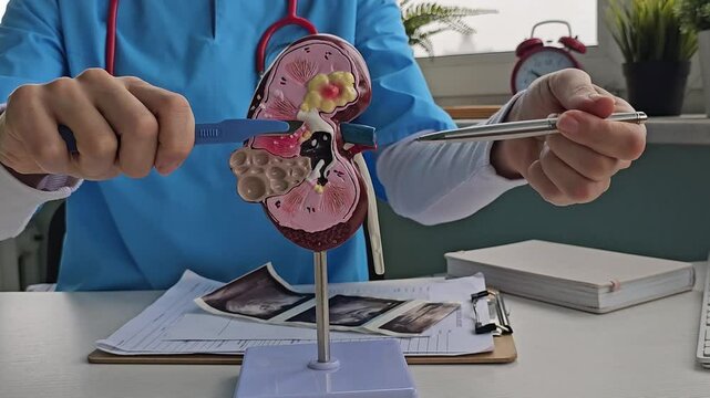 Kidney and adrenal surgery is a medical surgical operation. The doctor holds the kidneys with the ureter, and in the other a scalpel surgical operation