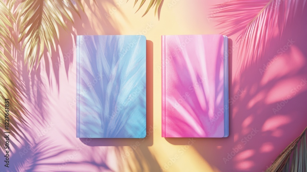 Poster mockup of colorful notebooks on a vibrant background showcasing design concepts with tropical shadow