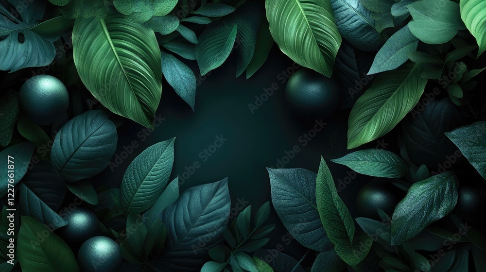 Poster lush greenery with decorative spheres creating a serene and tranquil nature background for design an