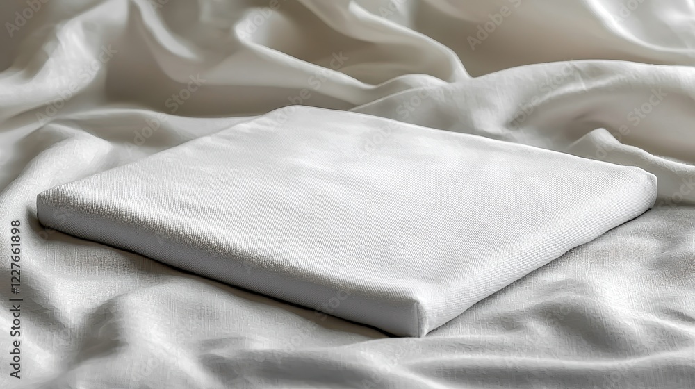 Poster a smooth, white rectangular object resting on soft, draped fabric.