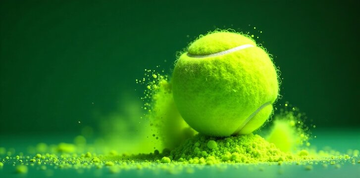 Close-up of a vibrant green tennis ball with powder dust illuminated in soft light.