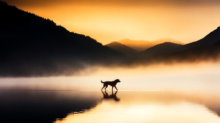 Serbian Hound walking along a misty riverbank, deep earthy tones