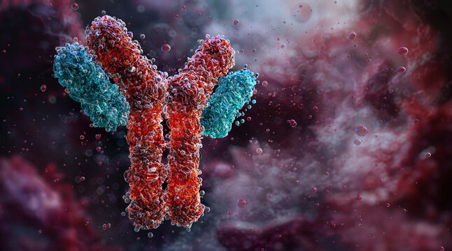 Antibody, immunoglobulin molecule, Y-shaped structure with antigen-binding sites. Immunology, immune system, medical research 3D. IgM, IgG, IgE, IgD, IgA glycoproteins, specific antigens against virus