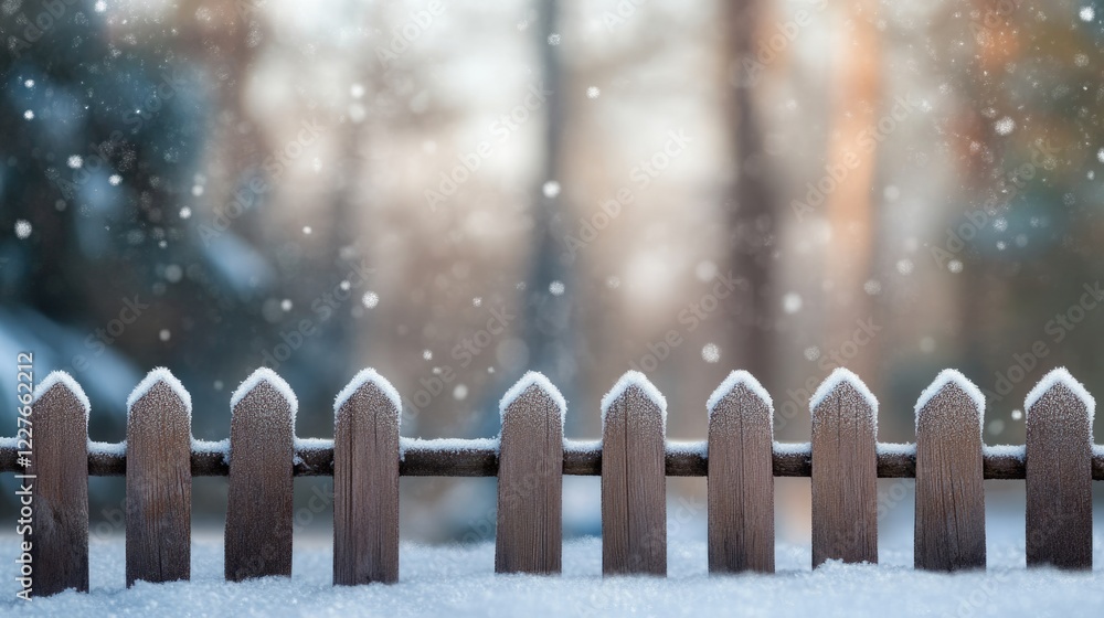 Poster close up of snowy fence adorned with hoarfrost against a blurred winter forest backdrop creating ser
