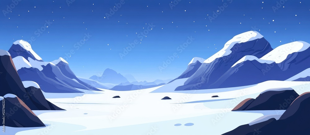 Poster snowy mountain landscape with clear blue sky and ample empty space for text or graphics in a serene 