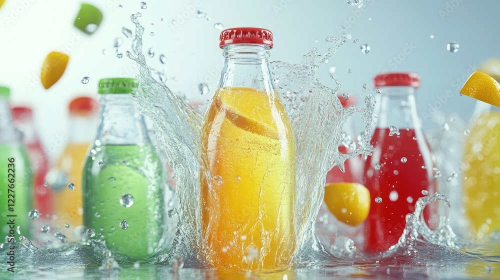 Aufkleber dynamic splash of colorful beverage bottles in motion against a light backdrop showcasing vibrant fr