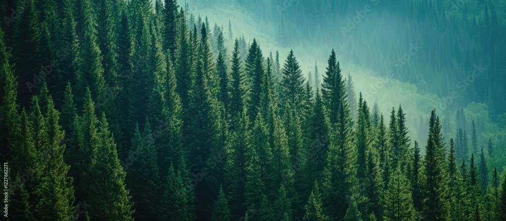 Poster lush mountain forest featuring dense tall coniferous trees with serene atmosphere and blank space fo