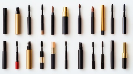 Assorted mascara tubes in various designs displayed on a clean white background for beauty and cosmetics imagery.