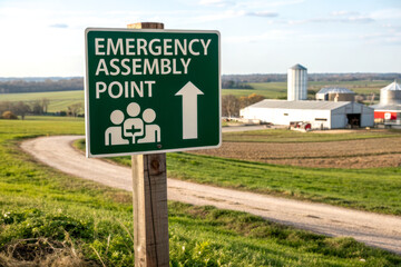The image features a green sign indicating an emergency assembly point, with a clear directional arrow and a rural farm backdrop.