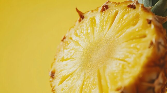 Fresh pineapple slice showcasing vibrant yellow texture and distinctive crown ideal for tropical themes with space for custom text overlay