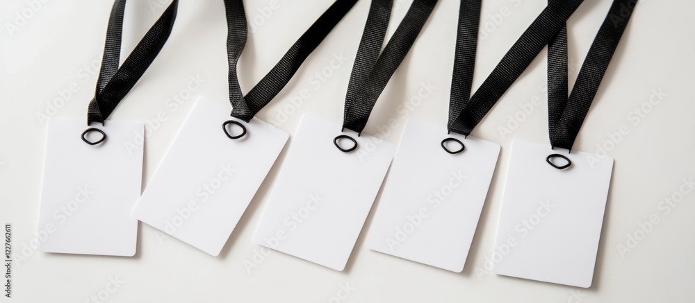 Poster blank cards with rectangular labels and black lanyards on a white background ideal for personalized 