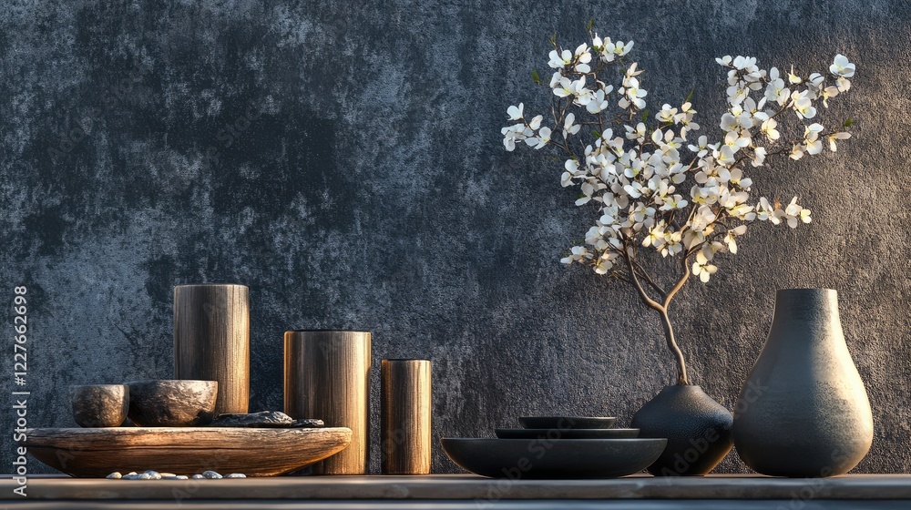 Poster elegant display of natural elements and decorative storage containers against a textured background 