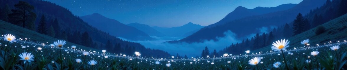 Glowing petals of white flowers in a misty mountain valley under starry sky, bioluminescent, stars, night