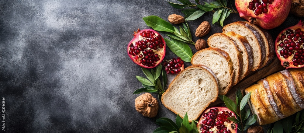 Poster delicious food arrangement featuring sliced breads fruits and greenery with ample space for text in 