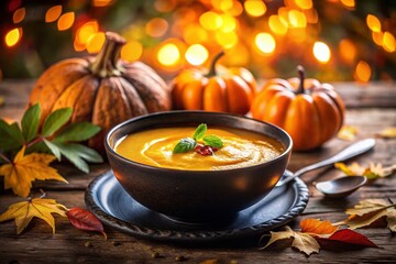 Autumnal Double Exposure: Creamy Pumpkin Soup in Black Bowl