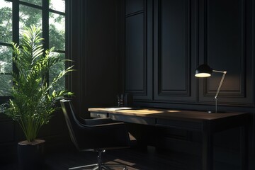 Dark wood office, sunlight, plant, window, elegant design, interior design, workspace