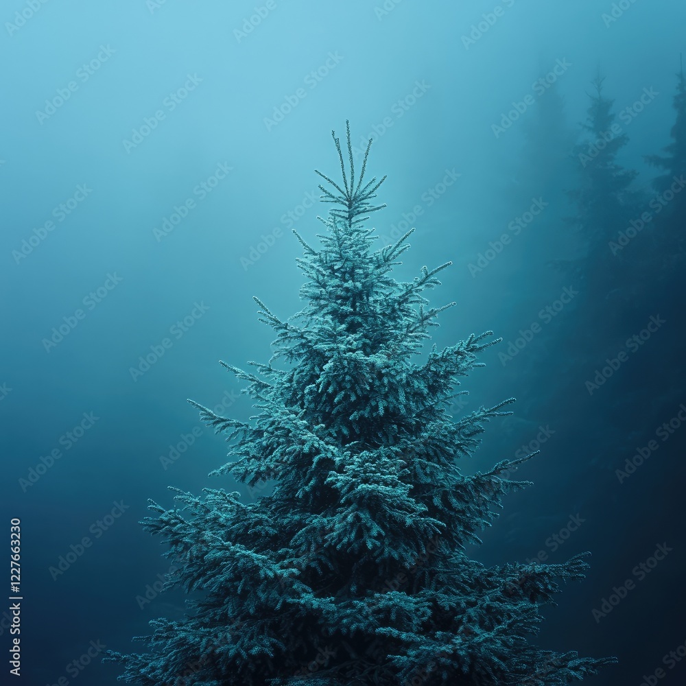 Poster misty pine tree in foggy forest landscape ethereal atmosphere with dense pines and soft fog creating