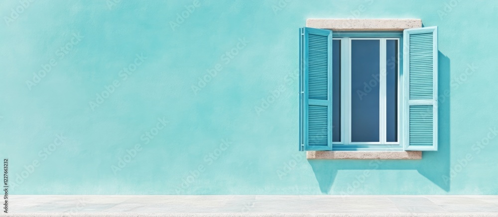 Poster modern french window with vertical sliding and vibrant turquoise wall featuring empty space for text