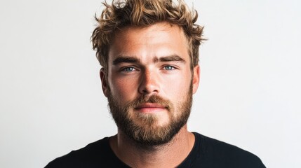 Obraz premium Handsome man with stubble and beard against a white background showcasing a casual and natural look for lifestyle or grooming themes