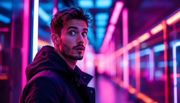 Surprised man in a cyberpunk setting - the feeling of astonishment and mystery - suitable for tech blogs, gaming ads and futuristic event promotions