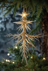 Glittering icicles hang from the branches of a star-shaped Christmas tree, sparkling ornaments, glittering icicles