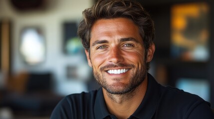 Obraz premium Cheerful man in black polo shirt smiling warmly in a relaxed indoor setting with soft lighting and blurred background details.