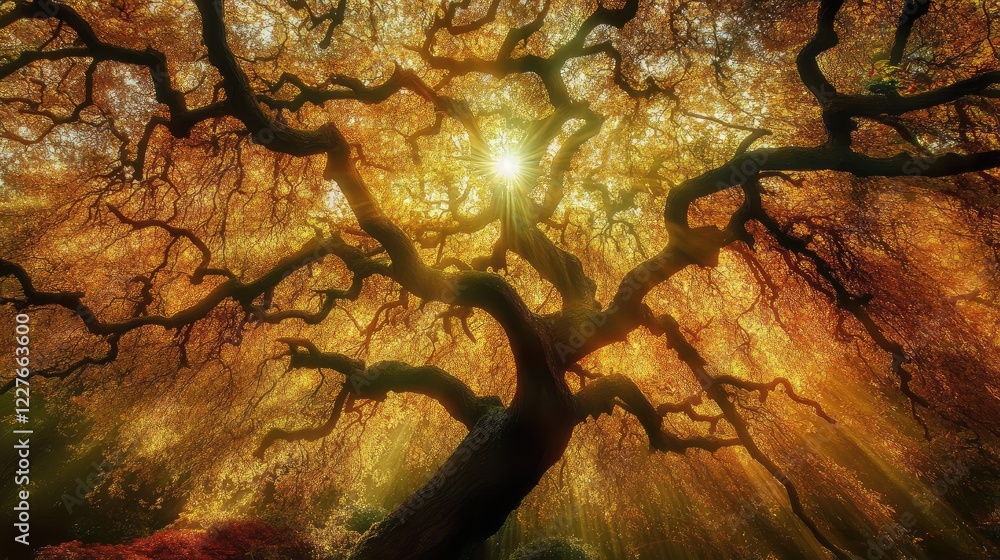 Poster sunlight filtering through autumn tree branches creating a warm, serene atmosphere in a forest setti