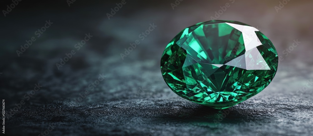 Poster macro close-up of deep emerald green gemstone showcasing intricate textures with ample negative spac
