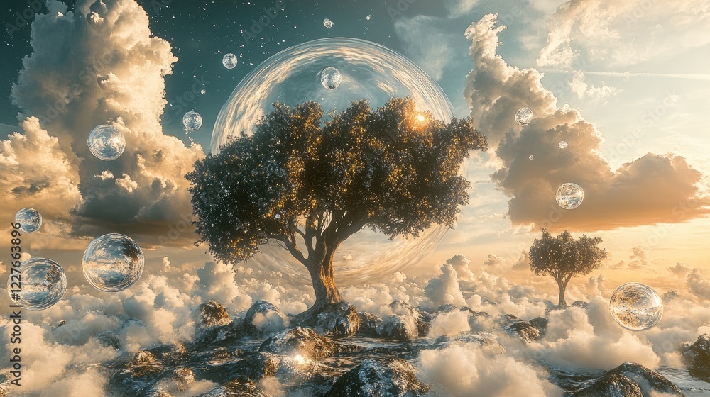 Poster nature's harmony with physics in surreal composite art featuring trees and bubbles amidst a dreamy c
