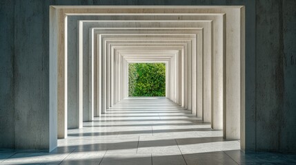 Fototapeta premium Modern Minimalist Architecture with Geometric Lines and Natural Light Creating a Serene Tunnel Effect and Ample Copy Space for Text