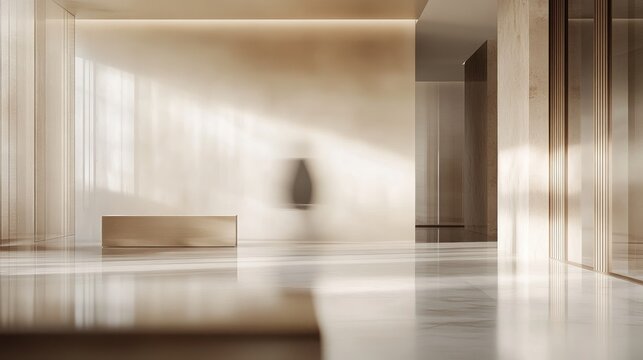 Minimalist office interior with neutral tones and soft focus background creating a serene and modern workspace ambiance