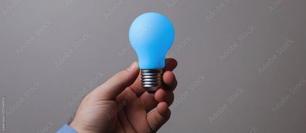 Poster blue lamp bulb held in a hand showcasing selective focus and blank space for text with a neutral bac