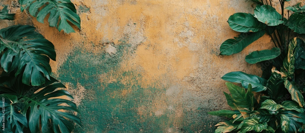 Poster green ochre and brown textured wall with lush foliage suitable for backgrounds or design projects fe