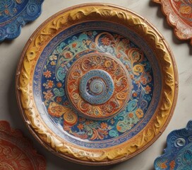 Glazed Ceramic Plate with Swirling Motifs and Colors, Swirling Pattern, Tableware