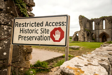 A sign indicates restricted access to a historic site, emphasizing the importance of preservation amidst ancient ruins.