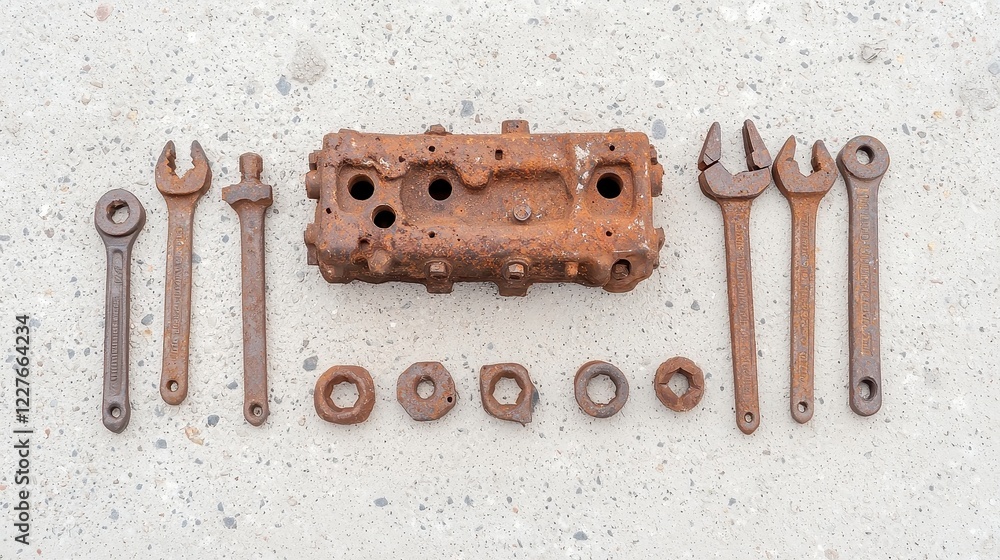 Poster rusty engine block with weathered tools on concrete floor, showcasing the charm of industrial decay 