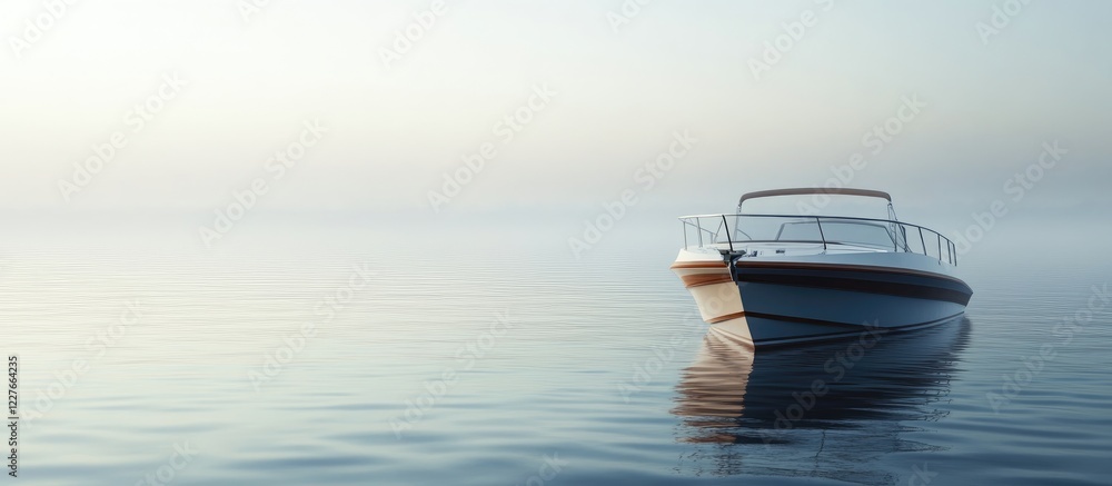 Poster Serene motorboat peacefully floating in tranquil lake surrounded by soft fog and calm water perfect for adding text.