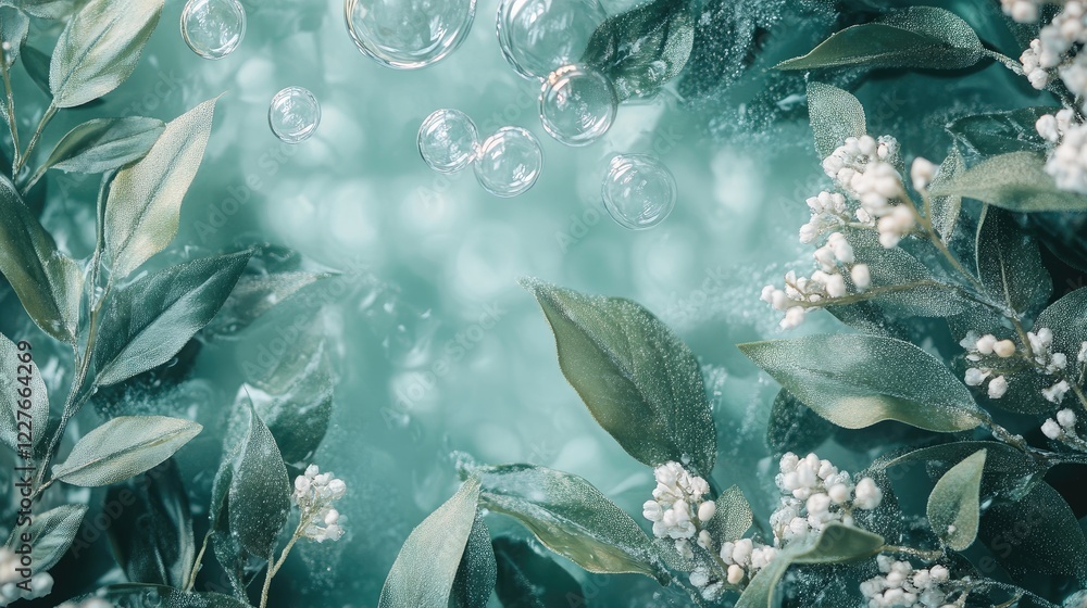 Poster fresh green leaves and bubbles creating a serene nature backdrop with soft light and textures for a 