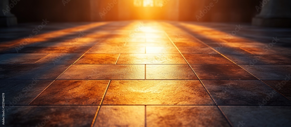 Poster vinyl tile flooring illuminated by warm sunlight creating a serene atmosphere with ample space for a