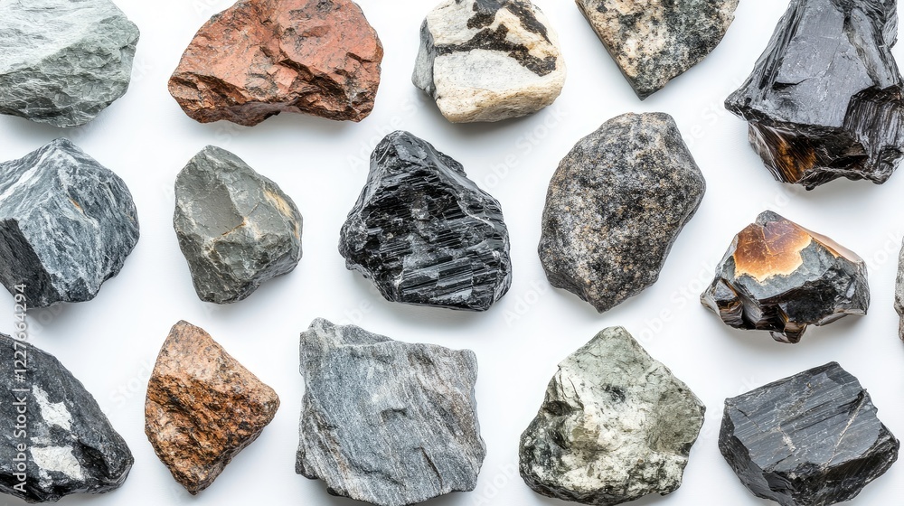 Aufkleber natural stone and mineral textures in various colors arranged on a clean white background showcasing
