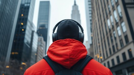 Urban scene of a man in a red and black hoodie enjoying music with headphones while surrounded by...