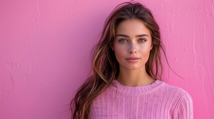 Fototapeta premium Portrait of a Beautiful Young Woman with Long Hair, Wearing Pink Sweater, Against a Pink Background