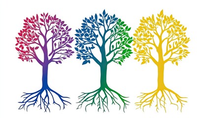 Fototapeta premium Colorful Stylized Trees with Roots in Vibrant Shades of Purple, Green, and Yellow for Design Projects