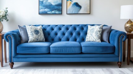 Elegant blue tufted sofa adorned with decorative pillows in a stylishly decorated living room setting.