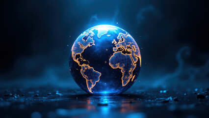 Futuristic Earth orb with glowing continents on a tech background.