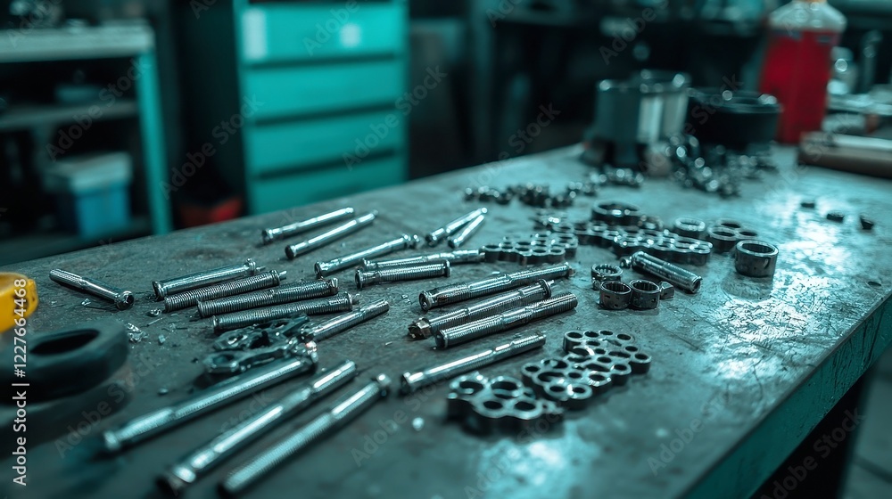 Aufkleber rusty engine parts scattered on a workbench in a dimly lit garage, evoking a sense of nostalgia and 