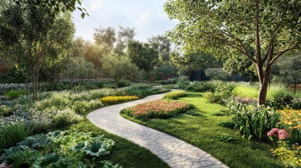 Lush Natural Vegetable Garden Pathway Surrounded by Cultivated Trees and Vibrant Floral Blooms in a Serene Outdoor Setting