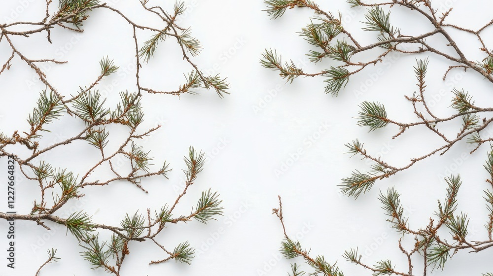 Poster natural fir branches with green needles arranged on a white background creating an elegant and seren